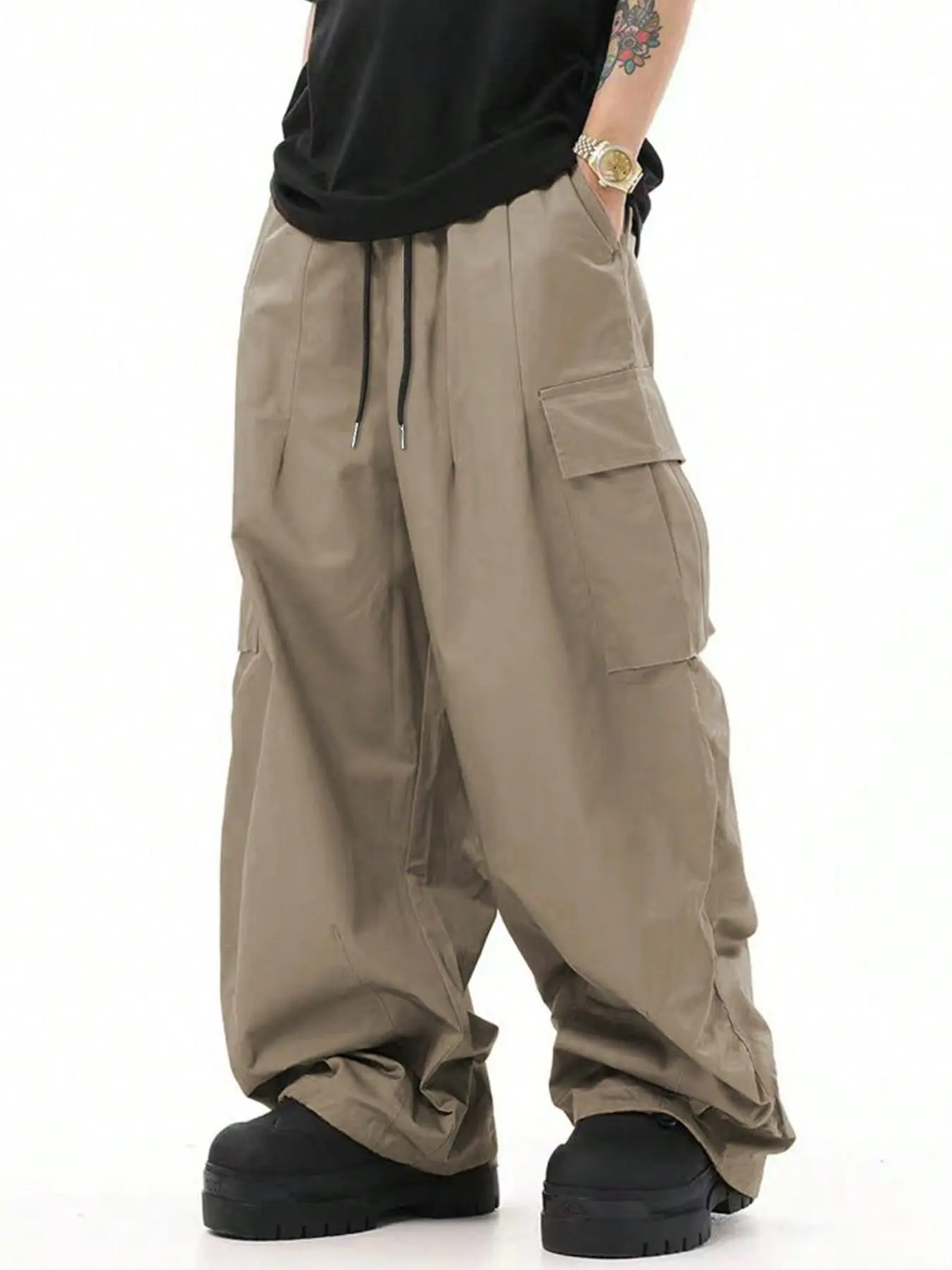 Men's Solid Flap Pocket Cargo Pants, Street Fashion Casual Loose Fit Trousers for Daily Wear, Men's Bottoms for All Seasons, Beige