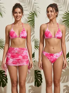 Floral Summer Beach Bikini Set with Tie Waist, Tropical Flower Print, Sexy Three-Piece Design, Side Drawstring Adjustable Fit, Eye-Catching Swimsuit