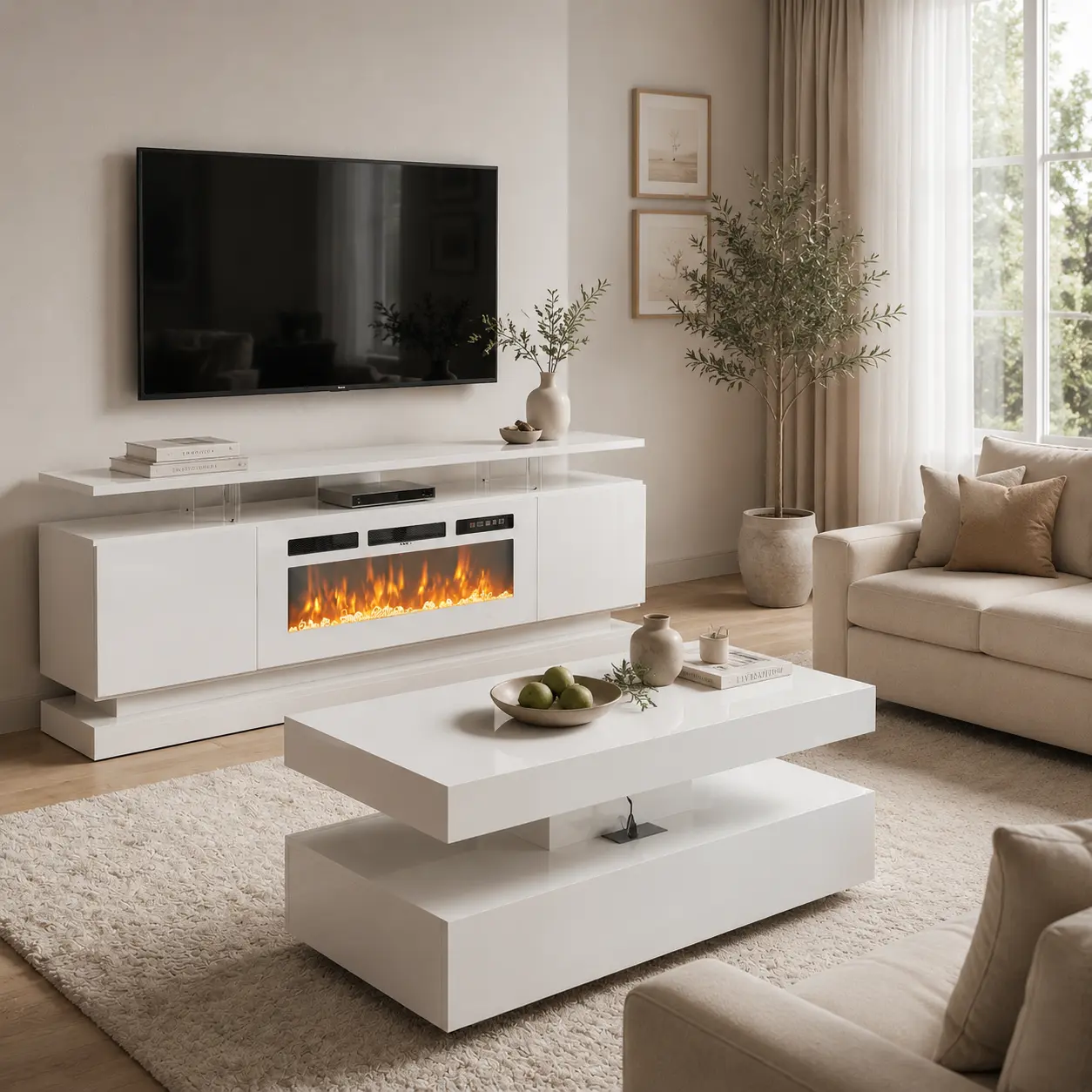 Jolydale Contemporary 2-Piece Living Room Sets Furniture, 70" Electric Fireplace TV Stand & 39" LED Coffee Table with LED Light Strips & Charging Station, High Gloss Media Console with Storage Drawers, White & Black for Apartment Decor, Set Of Two