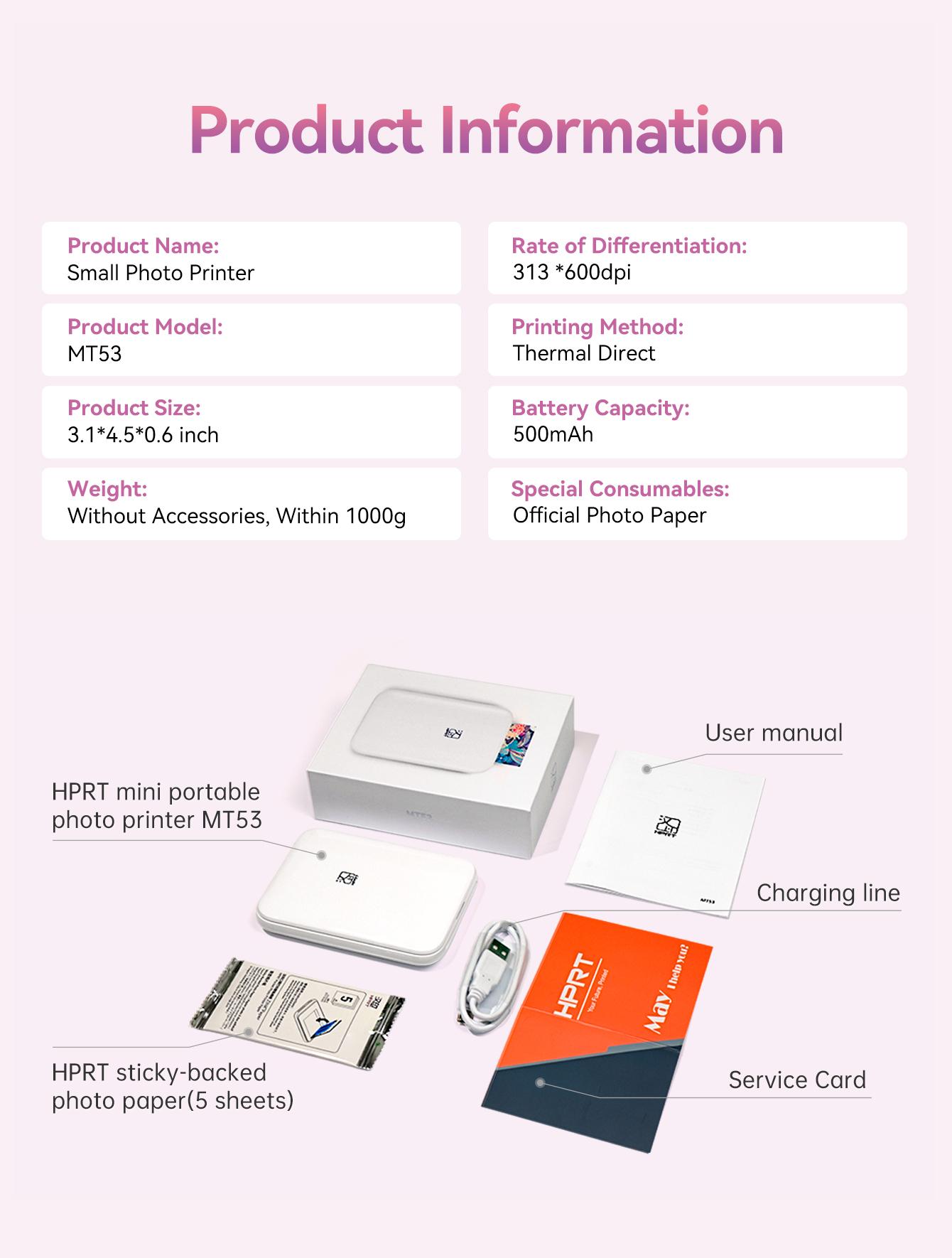 HPRT MT53 Mini Photo Printer + 50 Sheets 2x3" Self-Adhesive Paper, Wireless Bluetooth Printer for iPhone & Android, Instant Portable Sticker Printer for DIY, Scrapbooking, & Photo Printing
