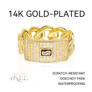 14K Real Gold Plated Cuban Chain Ring Iced out Cubic Zirconia Design Iced Out Hip Hop personality Fashion Hip Hop Ring for Men and Women Streetwear Jewelry