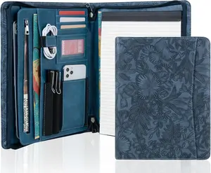 Embossed Leather Padfolio for Women, Professional Business Portfolio Organizer with A4 Notepad Holder, Zippered Portfolio Binder Fits 13" Ipad/Tablet, Perfect Gift for Women