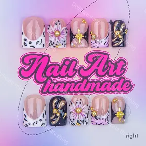 Delicatething Y2K Style Nail Set, Handmade Square Duckbill Nails, 4 Sizes XS S M L, Perfect Gift for Girls, Includes Jelly Glue Crystal Stick, Nail Art