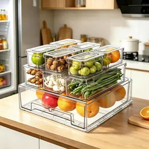 AISOON 10/14 Pack Fridge Organizer Bins with Lids,With a Pull-out Large Drawer, BPA-Free Stackable Clear Containers for Food, Drinks, and Food Storage, Ideal for Kitchen Organization