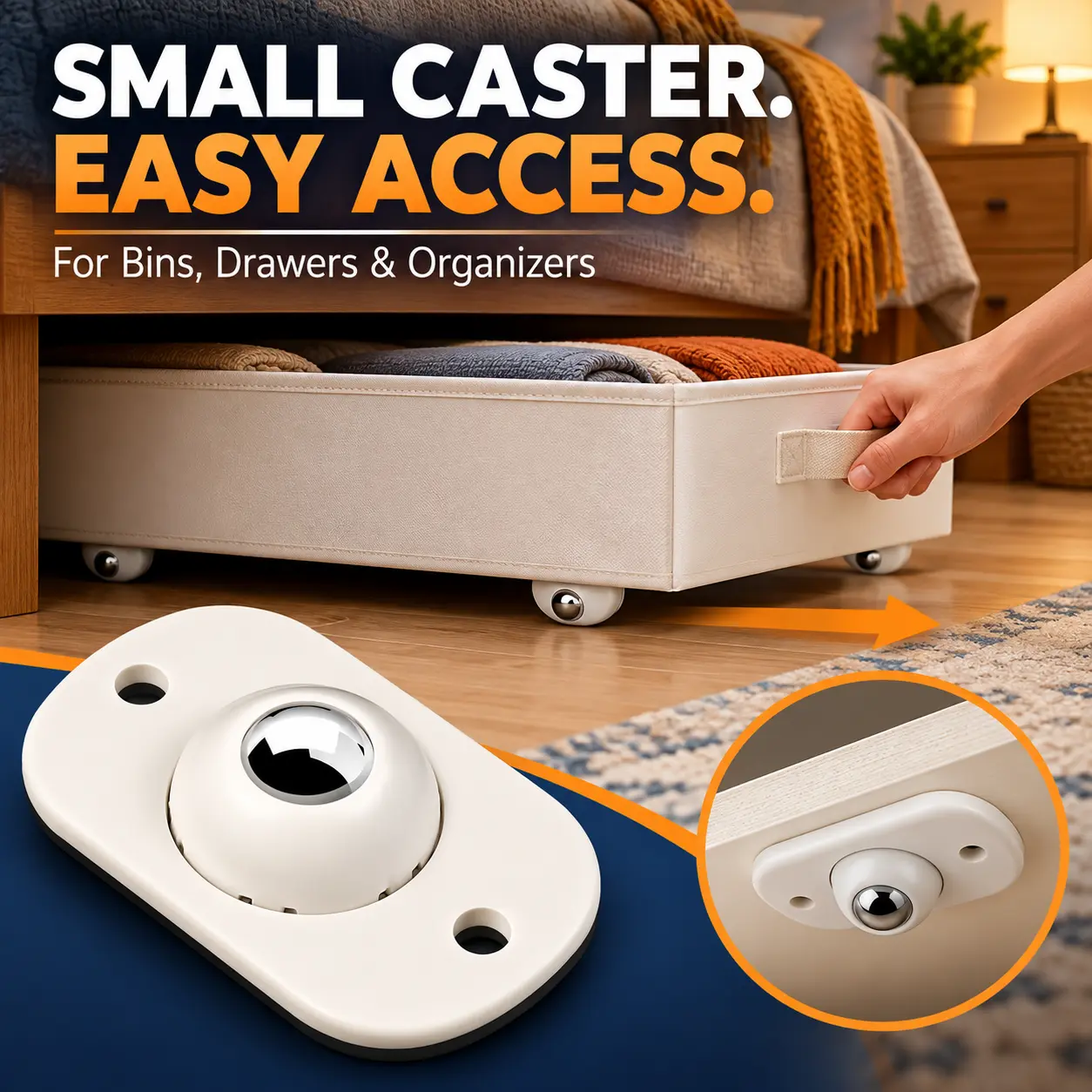 Self-Adhesive Mini Caster Wheels, 360° Swivel Roller Wheels for Storage Bins & Small Furniture, Quiet Rolling Casters for Smooth Surfaces