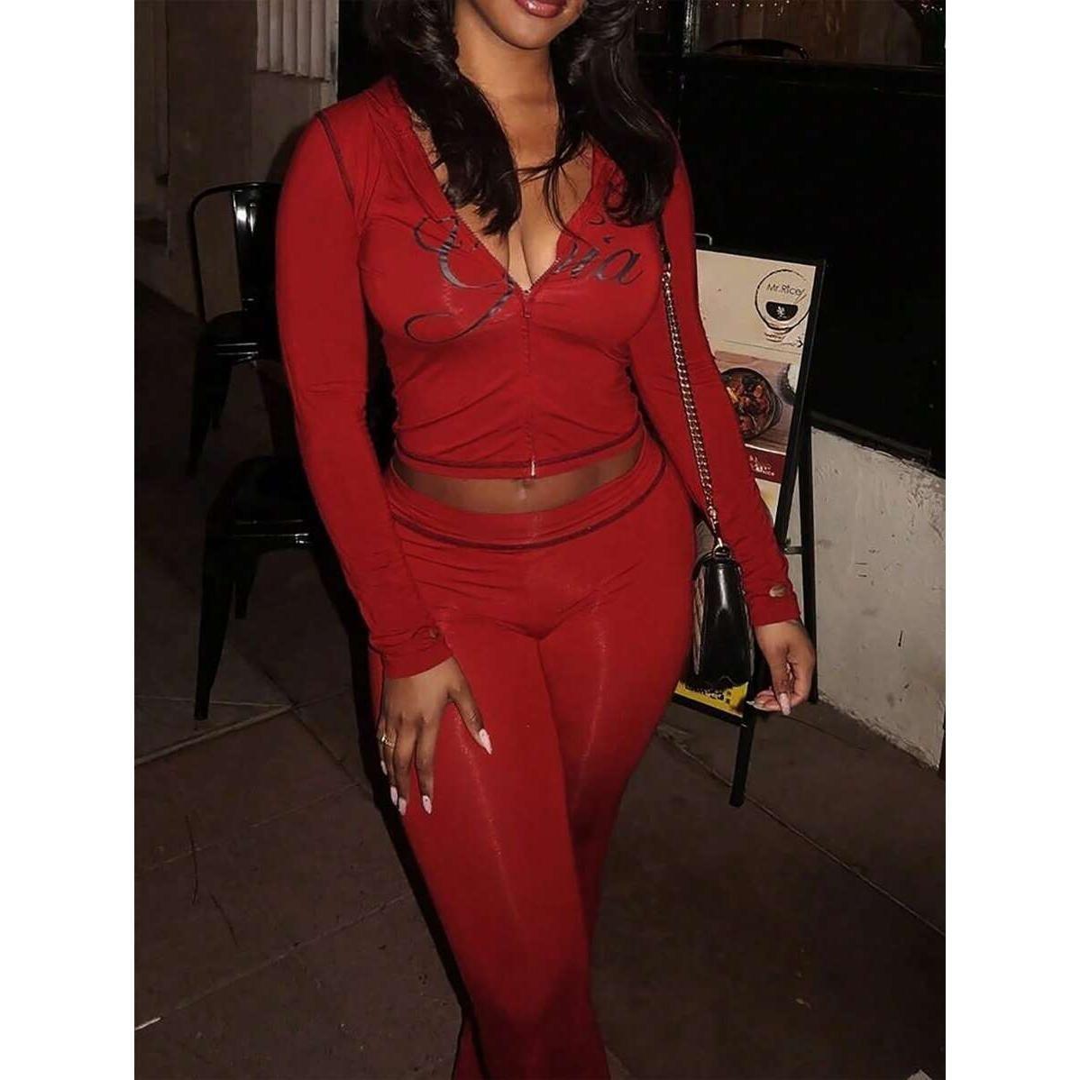 Gia Logo Y2K Two Piece Set Women – Zip Up Crop Top & High Waist Flare Pants, Slim Fit Streetwear Tracksuit, Perfect for Spring Break, Hot Girl Summer, Pool Parties & 2026 Spring Summer Outings, Medium Stretch Knit Fabric