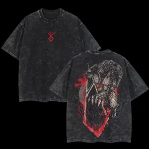 Retro Vintage Limited Black Swordsman "Guts" - Berserk Anime Double Printed Oversized Washed Tee Unisex Oversize Anime Manga Acid Washed Lightweight Cotton T-Shirt, Hoodies & Sweater Wash Gift For Anime Fan, Anime Lover Anime merchandise