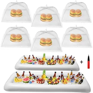 Inflatable Serving Bar & Food Umbrella Mesh Cover Screen Tent Set, Party Supplies Set for Picnics Pool Bar Outside, 2 Inflatable Tray, 6 Food Tents/Food Covers for Outdoors (White)
