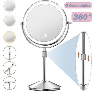 7in Lighted Makeup Mirror, 1500 mAh Rechargeable，Double Sided Magnifying Vanity Mirror with 3 Lighting Colors  , 1x/10x, 360° Rotation，Women Gift