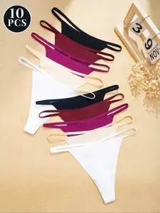 10 Pack Seamless Sexy Plain Basic Comfortable Breathable Women's Thong Panties, Fitted Thin Fabric, All Seasons Wear, Ladies Underwear Set, Minimalist, Womenswear, Breathable Stretch Panties, Soft Stretch Underwear