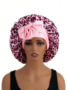 VYNCE HAT1pc Satin Bow Tie Sleeping Cap, Solid Color Stretchy, Lightweight & Breathable, Suitable For Women & Girls, Leopard Print