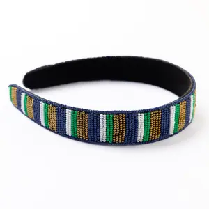 Game Day Striped Beaded Headband Blue, Gold, + Green