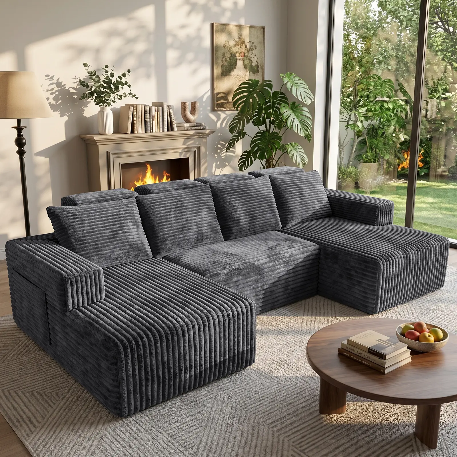 【2 Packages Shipping】BLLYYUV 114" Corduroy Modular Sectional Sofa, U-Shaped Cloud Couch, Deep Seat Boneless Sofa with Dual-Layer Foam & Spring Support, Ergonomic Design for Living Room & Apartment
