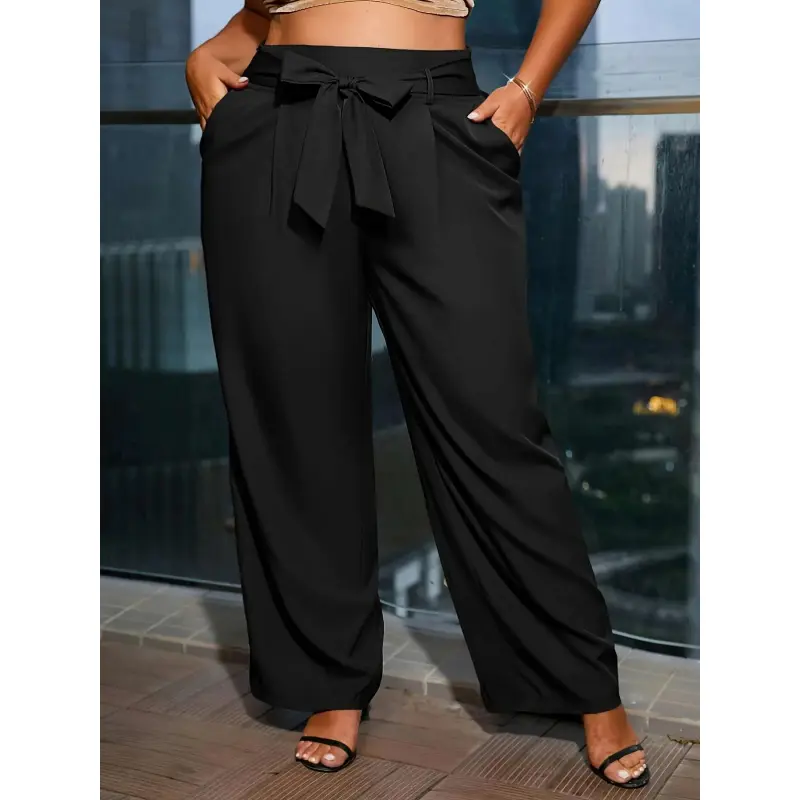 Plus Size Solid Pocket Belted Woven Pants, Elegant High Waist Fit Trousers for Work Office Business, Women's Plus Size Bottoms for All Seasons, Womenswear