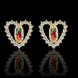 ORO LAMINADO GOLD FILLED CZ SPARKLE GUADALUPE HEART STUD EARRINGS