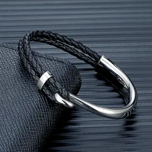 Fashion Simple Style Black Braided Leather Bracelet Non-fading Steel Hook Classic Cuff Charm Bracelet for Men Male Gifts