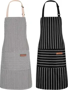 2Pack Adjustable Kitchen Apron for Women Men with 2 Pockets，Cotton-Polyester Blend Bib Aprons for Cooking,Baking