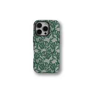 Emerald Green Floral Lace Printed Pattern Phone Case |   Military-grade Shockproof Protection, Compatible with iPhone 17 Pro Max 16 15 14 13 12 11 X Plus/Pro & Samsung Galaxy |   Affordable Tough Anxiety Phone Case for Girls
