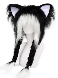 Plush Long Braid Personalized Hat, Anime Cat Ear Beast Ear Unisex Fluffy Hat, Fashion Street Style Party Dance Hat, Animal Hats