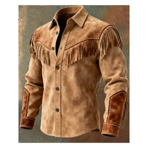 UOSO Men's Vintage Brown Fringe Jacket with Button Accents - High-Stretch Winter Coat, Zip Closure, Regular Fit, Plus Size, for Parties, Weddings, and Daily Wear, Machine Washable - Vintage Mature Style for All Body Types