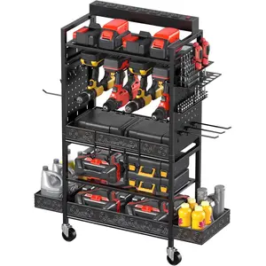 Garage Power Tools Organizer Cart with  Station, Black Floor Standing Rolling Drill and Tools  Storage Cart on Wheels. Utility Rack  for Men, Husband, Father.