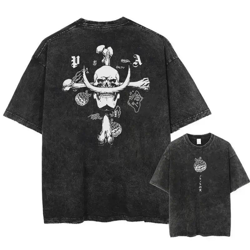 Men's Anime Luffy Washed Cotton Tshirt - Baggy, Loose, Short-Sleeve, Stylish Unisex Oversized Vintage Relaxed Fit Menswear Streetwear Top, 2Xl, One Piece