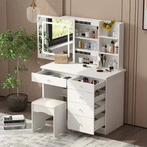 FUFU&GAGA Large Vanity Table Set Makeupdesk Vanity Dressing Table with Mirror, 5 Drawers & Shelves, Dresser Desk and Cushioned Stool Set (Slidding Lighted Mirror)
