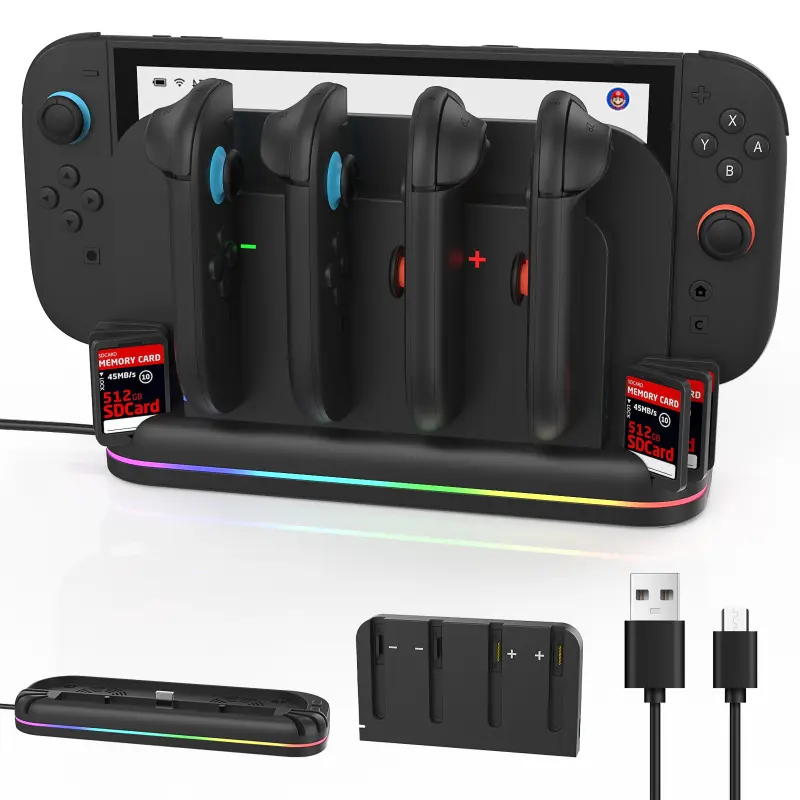 Multi-functional wall stand for Switch 2 with RGB lighting for 4 NS 2 controllers and charging grips.