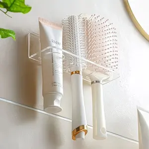 Acrylic Transparent Bathroom Storage Rack, Wall-Mounted Hair Brush Holder, No Drilling Makeup Table Organizer, Holds Combs and Toiletries, Toothbrush Holder