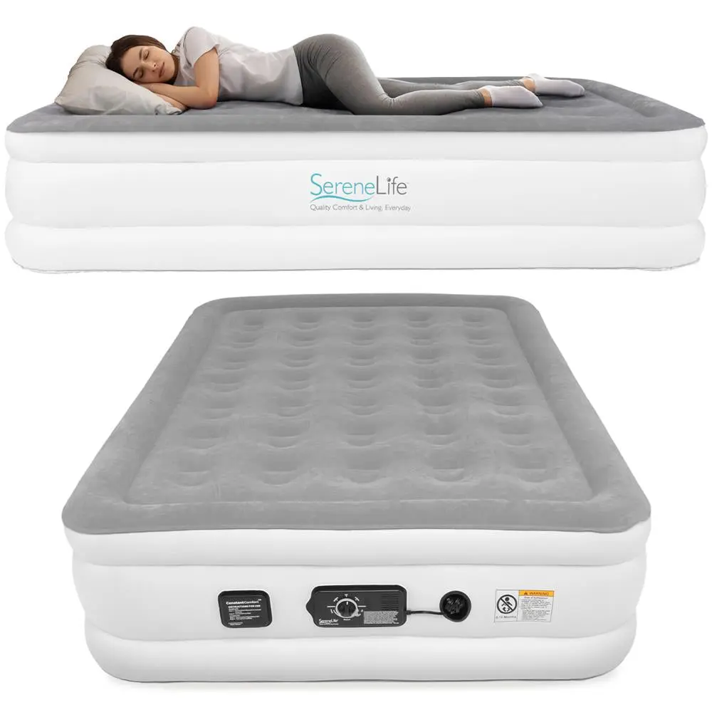 18" Rectangular PVC Motorized Inflatable Single Camping Bed - Built-In Electric Pump, Flocked Top, Enhanced Coil Support, Quick Inflation, Easy Cleaning, 2 Adhesive Repair Patches, Carry Bag for Home & Camping Use
