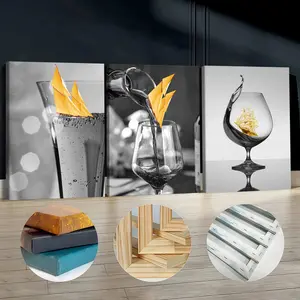 3Pcs Wooden Framed Canvas Painting, Gold Sailboat In Glass Images, Exquisite Poster, Home Decoration, Pattern Wall Art Decor, For Living Room, Bedroom, Office, Restaurant, Bar Wall Decor, Waterproof, Odorless, Painting, Print Artwork.