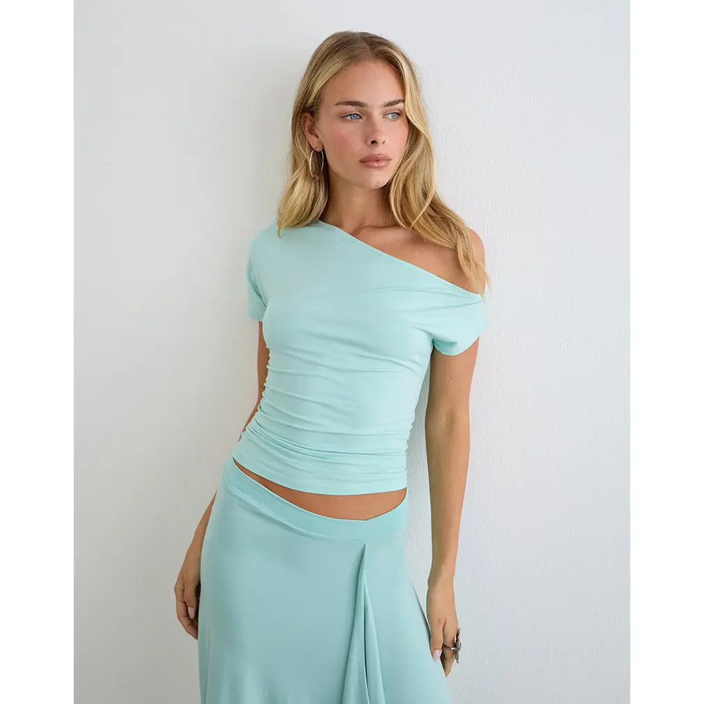 MOTEL Danama One Shoulder Top in Rayon Jersey Aqua