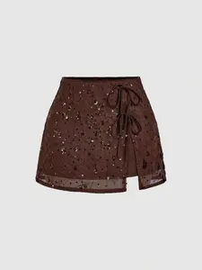 Spring Summer Women's Fashion Comfort Elegant Sequin Lace Faux Drawstring Split Design High-End Fitted Short Half Skirt, Stylish and Sophisticated, Split Thigh Skirt