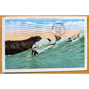 1937 Surf Riding at Waikiki Beach, Honolulu, Hawaii Linen Postcard - Chromo Lithograph - Antique Honolulu Beach Hawaii Postcard