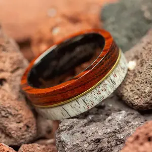 Guitar String, Ironwood & Deer Antler Men's Tungsten Ring - 8mm