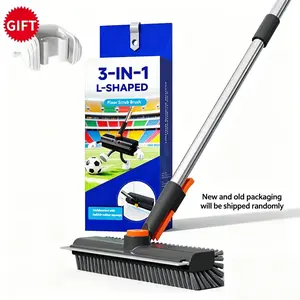 3-in-1 Scraper Brooms Heavy-Duty Stiff Bristle Floor Scrub Brush with Extended Adjustable Height Handle, Rotating Head Scrubber-Squeegee Combo, Home Cleaning Tool, Scrubber Bathroom Cleaners, Household Cleaning Supply for Bathroom, Patio Interior