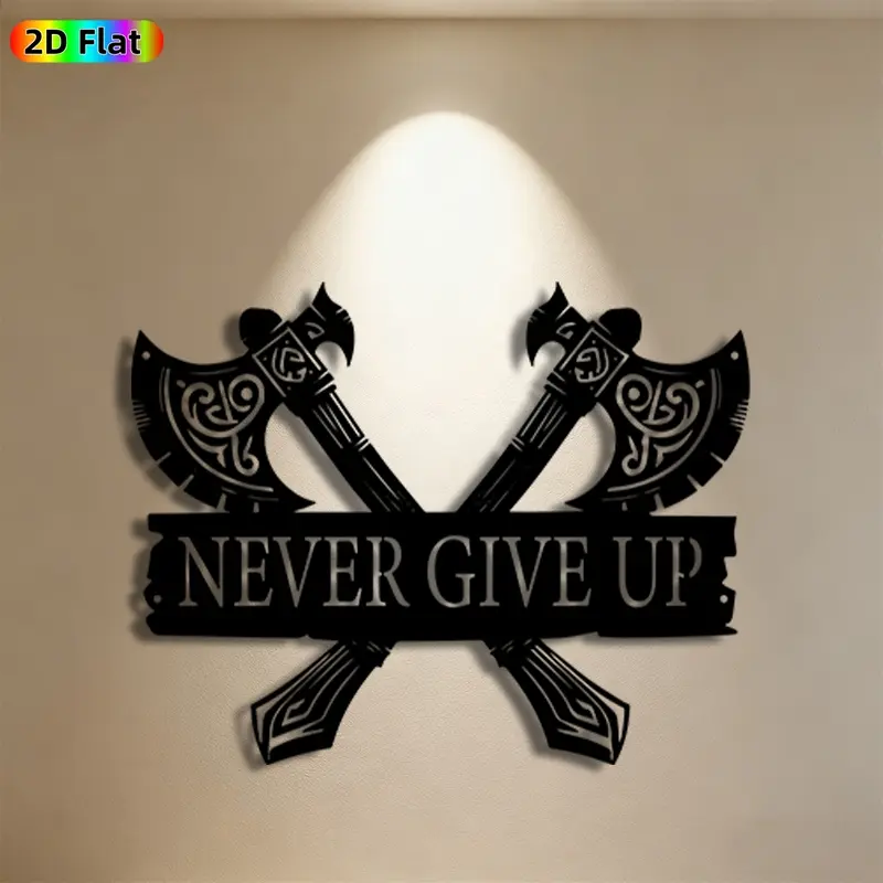 1pc Crossed Axes Metal Wall Art, Inspirational Wall Art, Statue Mural, Gift for New Year, Halloween, Viking Decor Enthusiasts, Weather-Resistant Metal Wall Decor, Perfect for Garage Wall & Garden Fence, 'Never Give Up' Metal Wall Decor