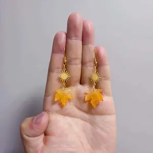 Maple Leaf Earrings Burnt Orange Glass Autumn Leaf Sun Pendant Earrings Stainless Steel Bohemian