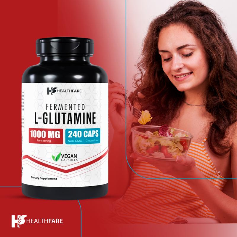 HealthFare L-Glutamine 1000mg Capsules | 240 Veg Capsules | Amino Acid Fuel for Gut & Muscle Health | Non-GMO | Gluten-Free | Support for Recovery & Wellness | Made in The USA