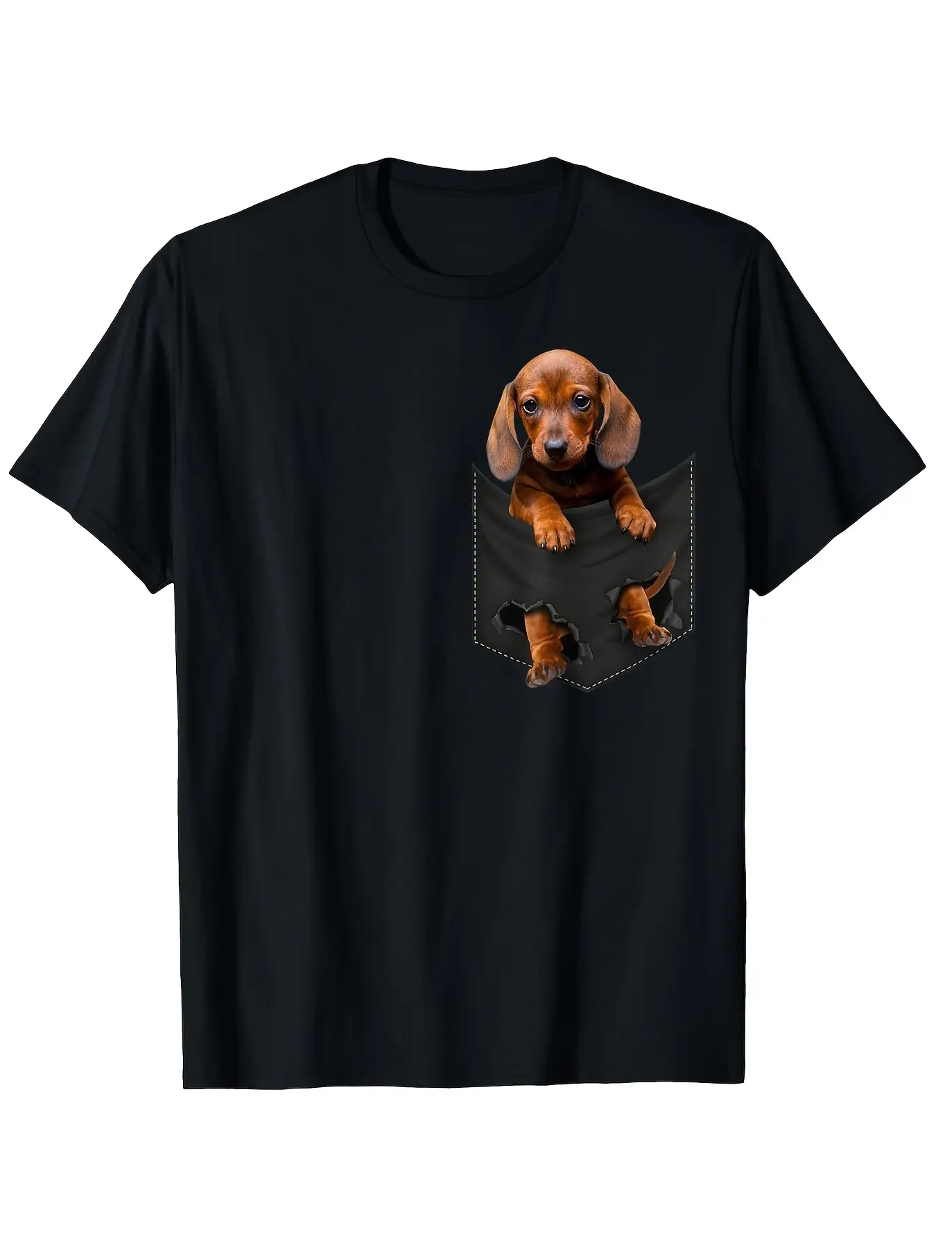 Funny Pocket Dachshund T-Shirt |   Cute Doxie Puppy Peeking Design Casual Tee S-Xxxl Black Crew Neck Short Sleeve All-Season Fit Breathable Sweat Absorbing Comfortable Pure Plus Size