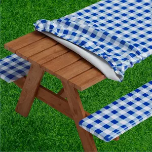 Picnic Table Cover with Bench Covers -Fitted with Elastic, Vinyl with Flannel Back, Fits for Table 30"x 72" Rectangle,Water Proof, Checked Blue Design innovative