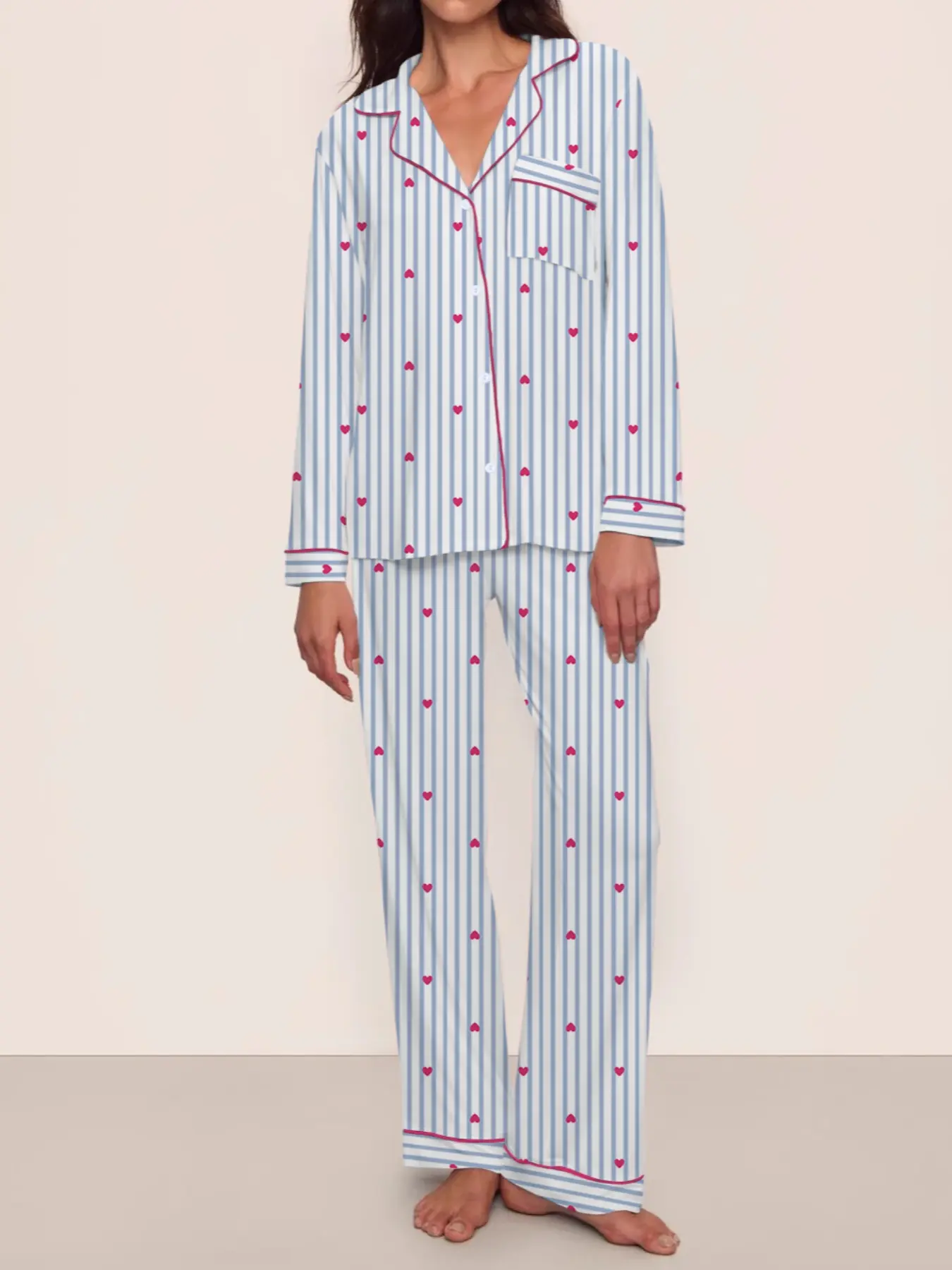 【Valentine Pajamas】Women's Christmas Pajama Set, Striped Bow Knot Design, Long Sleeve & Pants, Fall Winter Comfortable Sleepwear, Elegant Style, Casual Comfy Pajama
