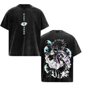 Vintage Acid Wash Gojo Satoru Six Eyes Graphic Tee 100% Cotton JJK Anime Inspired Oversized Streetwear T-Shirt For Men And Women Retro Heavyweight Cosplay Top Cool Japanese Manga Fan Gift Flat 2D Print Aesthetic Casual Apparel Top High Quality Outfits