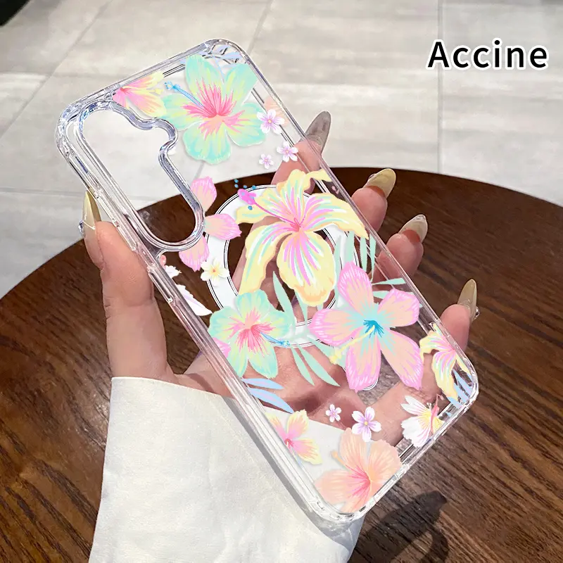 Pastel Floral Symphony Pattern Magnetic Phone Case for  Samsung Galaxy S26 Edge S23 Ultra S24 Plus FE S25 S22+ Anti-Yellowing Shockproof Lightweight Transparent Acrylic Large Hole Soft Cover Supports Wireless Charging