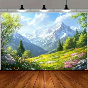 Summervibes 1pc Mountain Landscape Backdrop with Snow-Capped Peaks, Lush Greenery & Colorful Flower Field - Durable Polyester Photography Backdrop for Parties, Events, Birthdays, Baptisms, Tailgate Celebrations, Banners