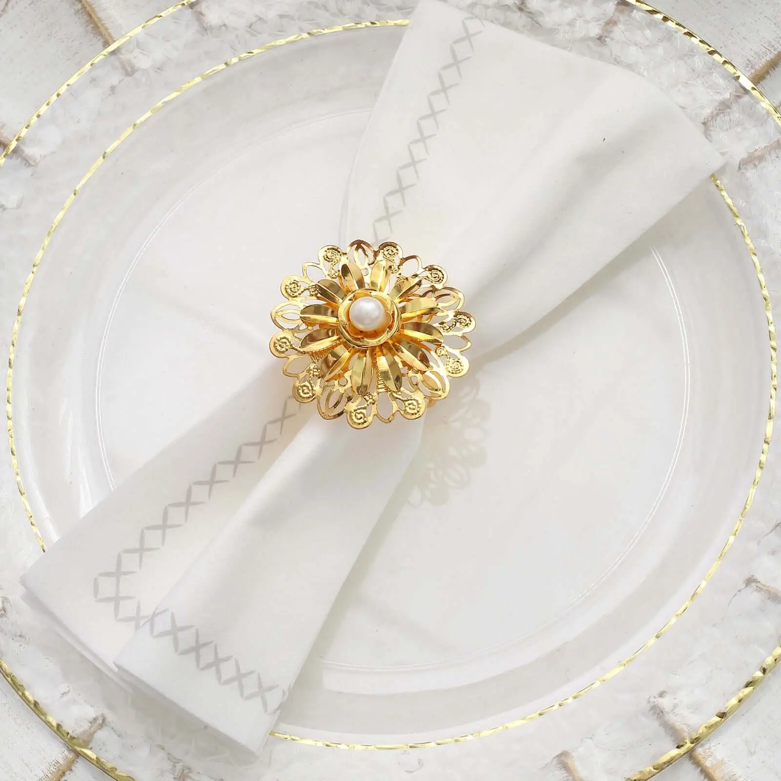 4 Pack Elegant Gold Metal Pearl Daffodil Napkin Rings - Floral Serviette Buckles, 2" Tableware Holders for Dinner Party, Tea Party, Wedding Reception
