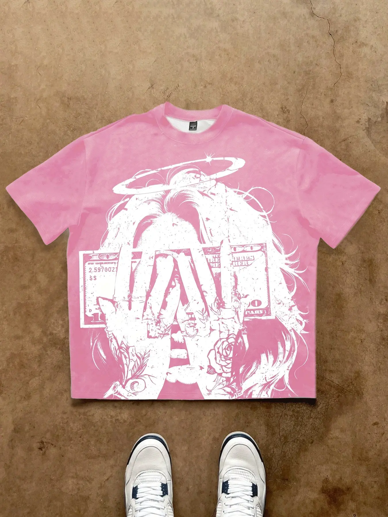 Men's Pink Angel Halo & Dollar Graphic Print T-Shirt, Streetwear Oversized Crew Neck Top, Y2K Grunge Aesthetic & Breathable Fabric, Versatile Casual Daily Tee for Men, Merch Shirts, Menswear