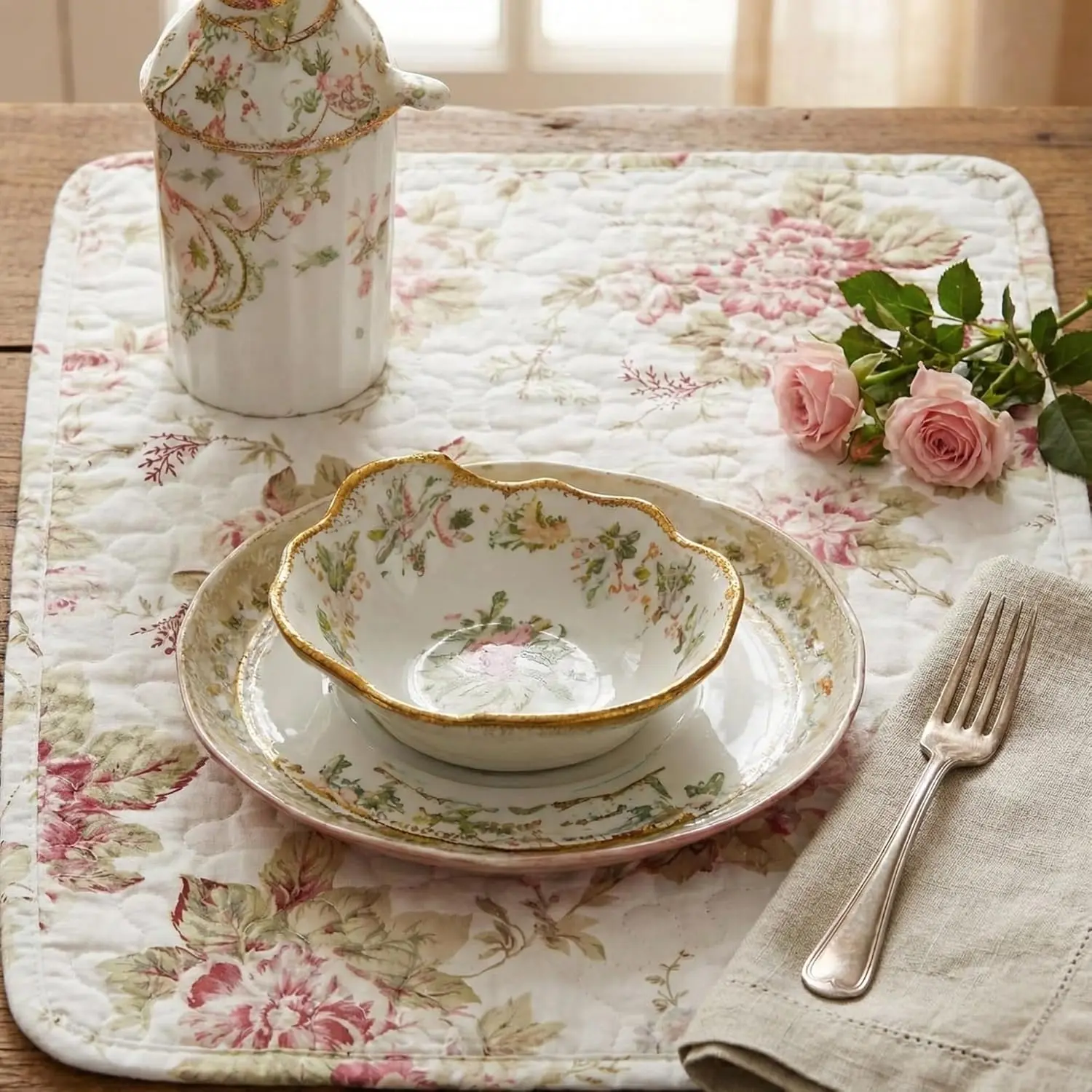 4-Piece 13"x19" Rectangle High-Quality Cotton Placemats - Quilted Rose Floral Print, Ivory White Durable Decorative Tableware Mats for Family Dinners, French Country Victorian Décor