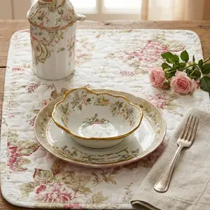 Roses Floral Dining Table Placemats - Set of 4-Pieces Quilted Cotton Dainty Flower Blossoms Garden - Decorative Linen Kitchen Tea Time Ivory White Mats - 13" x 19"