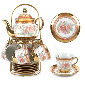 20 Pcs Porcelain Tea Set with Metal Holder and Spoon Adult Ceramic Tea Set European Flower Painting Teapot Cup Saucer Spoon for Women, Large Version(Fresh Style)